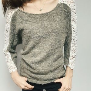 Brown sweater embroidered crochet & lace bow